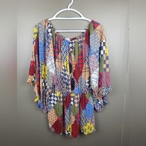 Key Mi Womens Patchwork Romper Short Pockets Boat Neck Size Large Semi Sheer